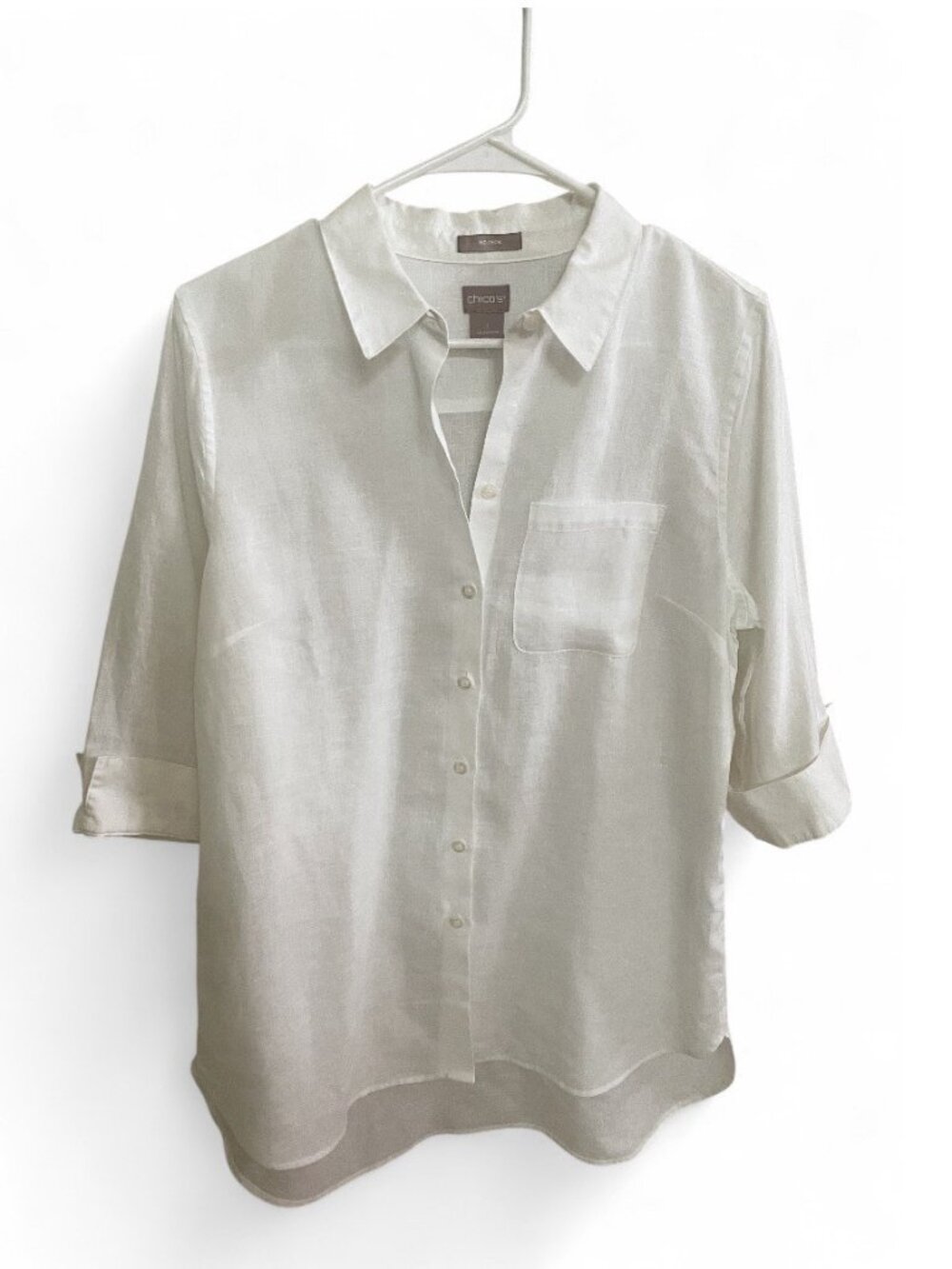 Chico’s 100% Linen Shirt No Iron Summer Resortwear Classic White Button Down, 10